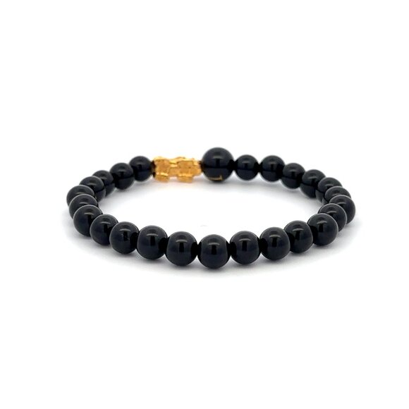 18K Gold Pixiu Piyao Bracelet Gemstones Onyx 6mm Elastic Bracelet Letter I - Picture 3 of 6